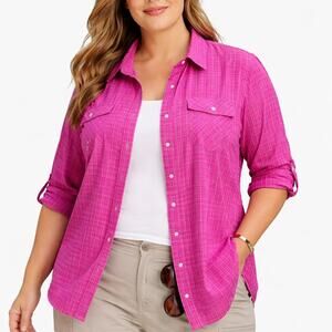 Eddie Bauer Travex Pink Plaid Button Front Shirt XXL Vented Pockets